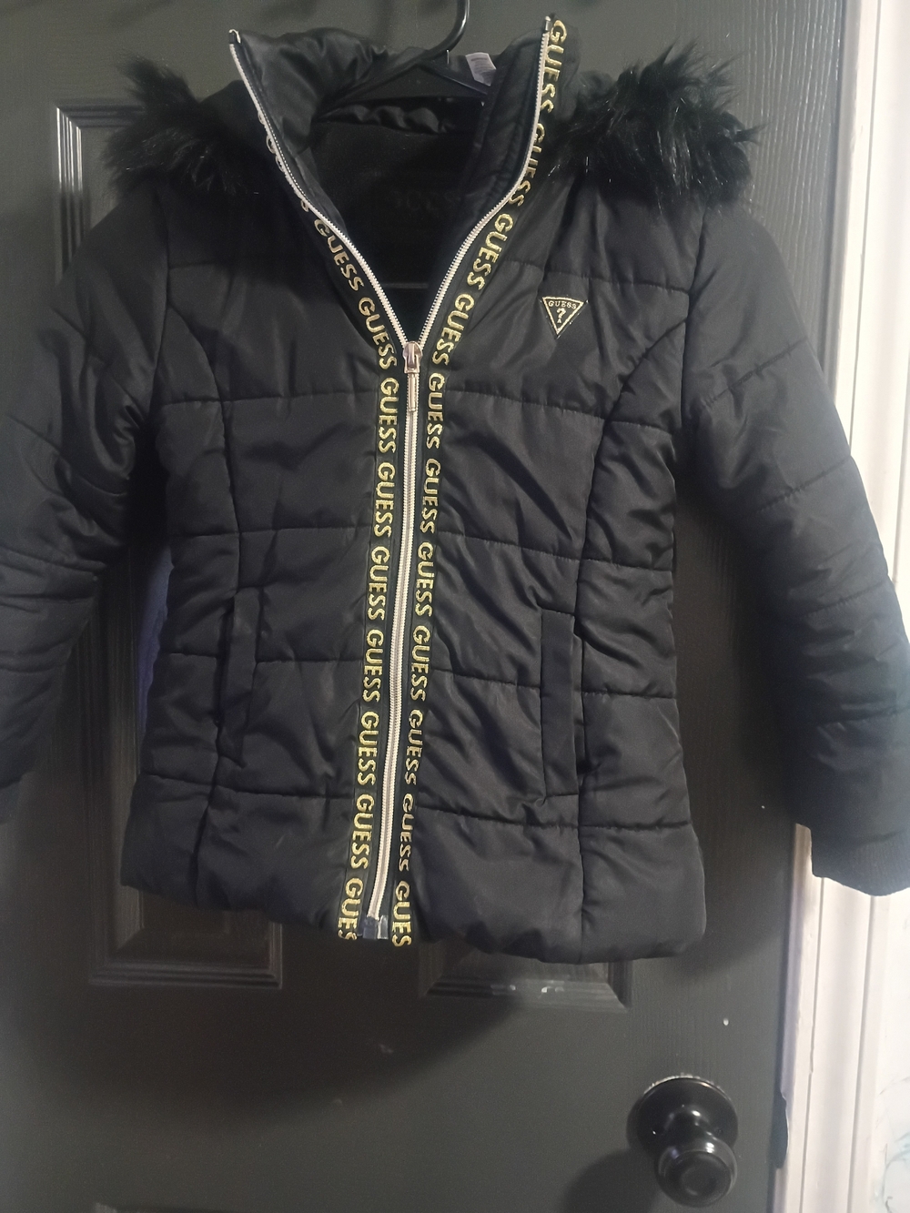 GUESS Girls' Black Quilted Puffer Jacket with Logo Trim